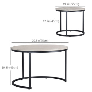 Nesting Coffee Tables Set of 2, Round Coffee Table with Metal Frame, Living Room Tables, Grey Wood Grain