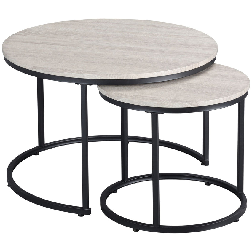 Nesting Coffee Tables Set of 2, Round Coffee Table with Metal Frame, Living Room Tables, Grey Wood Grain
