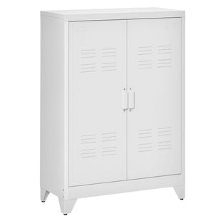 Metal Storage Cabinet, Industrial Sideboard Buffet Cabinet with 2 Louvered Doors, Adjustable Shelves, White