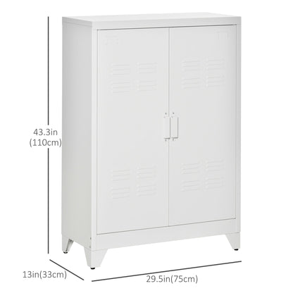 Metal Storage Cabinet, Industrial Sideboard Buffet Cabinet with 2 Louvered Doors, Adjustable Shelves, White