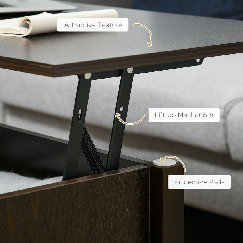 Lift Top Coffee Table with Hidden Storage Compartment and 3 Lower Shelves, Pop-Up Center Table for Living Room, Espresso