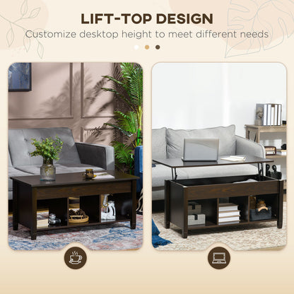 Lift Top Coffee Table with Hidden Storage Compartment and 3 Lower Shelves, Pop-Up Center Table for Living Room, Espresso