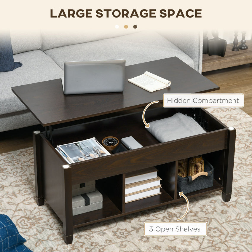 Lift Top Coffee Table with Hidden Storage Compartment and 3 Lower Shelves, Pop-Up Center Table for Living Room, Espresso