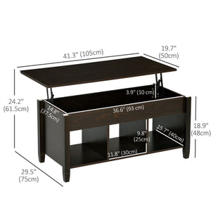 Lift Top Coffee Table with Hidden Storage Compartment and 3 Lower Shelves, Pop-Up Center Table for Living Room, Espresso