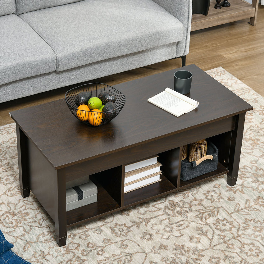 Lift Top Coffee Table with Hidden Storage Compartment and 3 Lower Shelves, Pop-Up Center Table for Living Room, Espresso