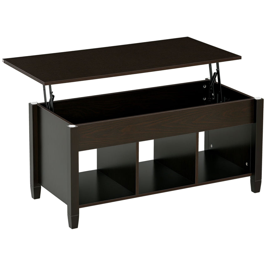Lift Top Coffee Table with Hidden Storage Compartment and 3 Lower Shelves, Pop-Up Center Table for Living Room, Espresso