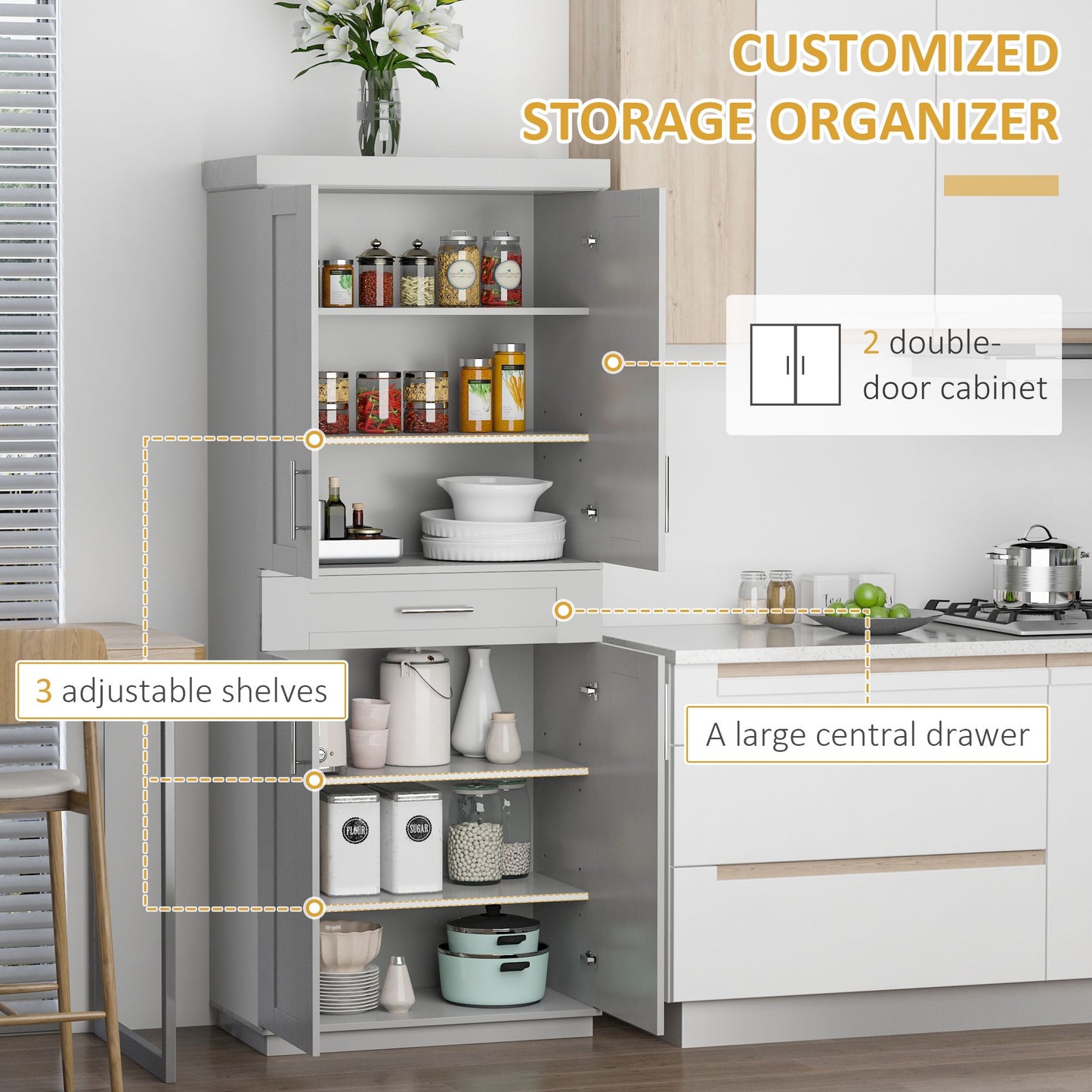 72" Storage Cabinet, Freestanding Kitchen Pantry Cabinet with 4 Doors, Drawer and 3 Adjustable Shelves, Grey