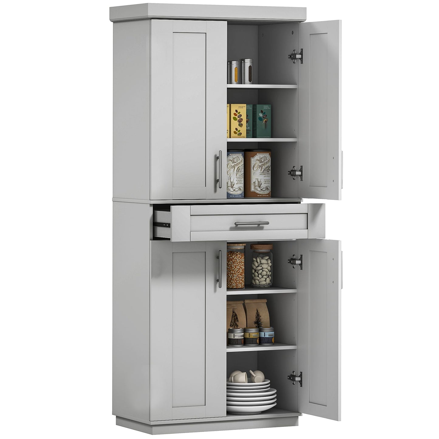 72" Storage Cabinet, Freestanding Kitchen Pantry Cabinet with 4 Doors, Drawer and 3 Adjustable Shelves, Grey