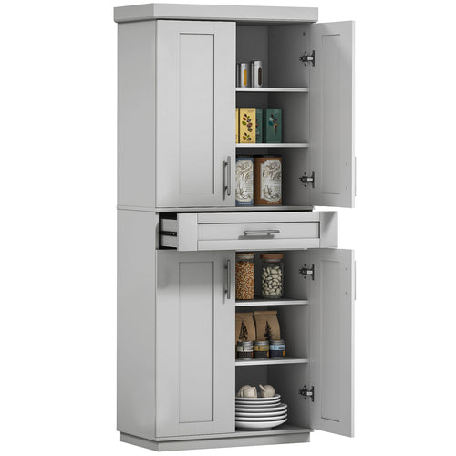 72" Storage Cabinet, Freestanding Kitchen Pantry Cabinet with 4 Doors, Drawer and 3 Adjustable Shelves, Grey