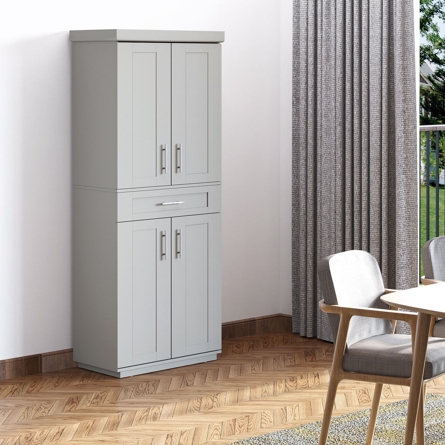 72" Storage Cabinet, Freestanding Kitchen Pantry Cabinet with 4 Doors, Drawer and 3 Adjustable Shelves, Grey