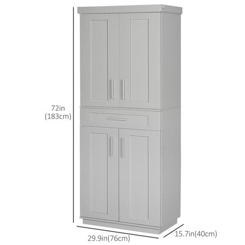 72" Storage Cabinet, Freestanding Kitchen Pantry Cabinet with 4 Doors, Drawer and 3 Adjustable Shelves, Grey