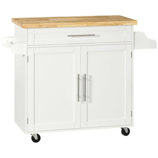 Kitchen Island with Storage, Rolling Cart Trolley with Rubberwood Top, Adjustable Shelf, Drawer, Spice Rack, White
