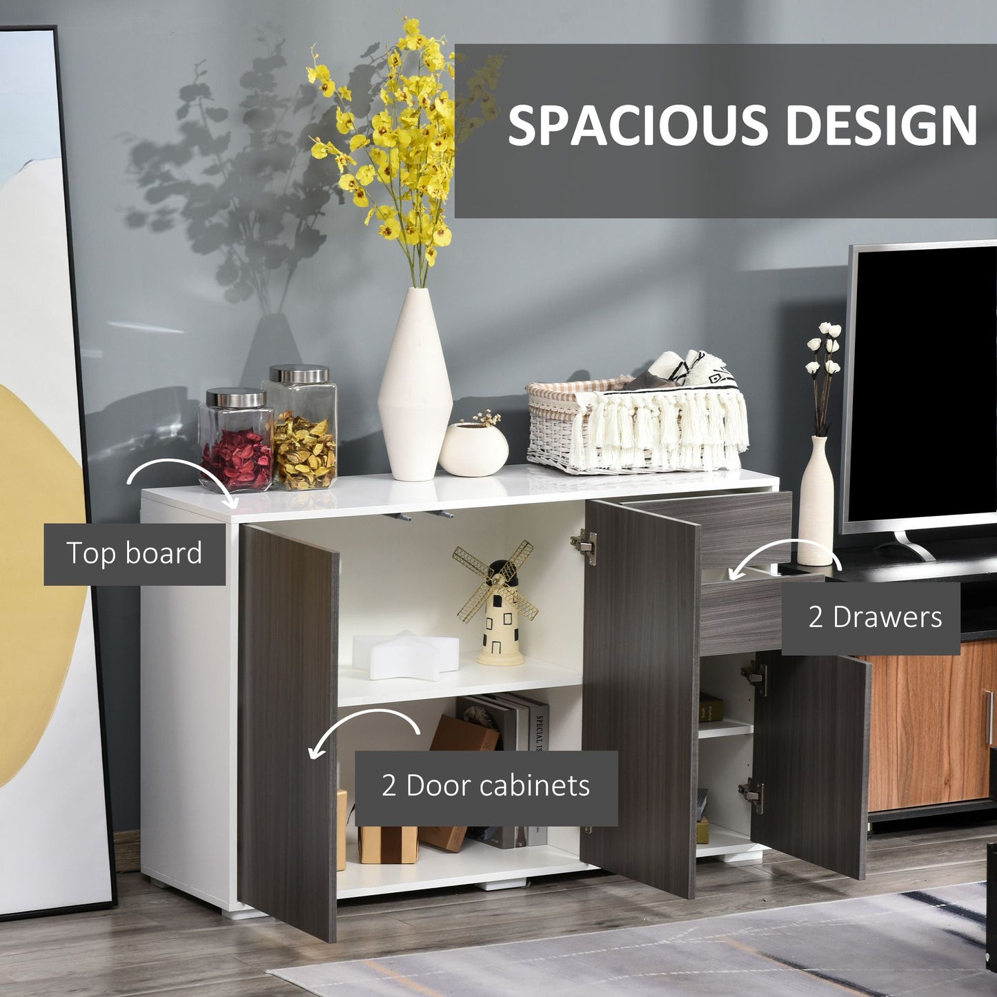 Kitchen Sideboard Storage Cabinet, Modern Coffee Bar with Push-Open Design and 2 Drawers for Living Room, Light Grey