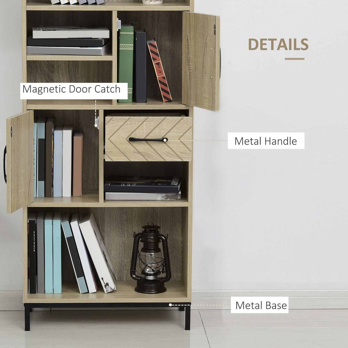 59" Bookcase, Storage Bookshelf with Cabinets, Drawer and Open Compartments, Freestanding Display Shelves for Home Office, Living Room, Study, Nature Wood