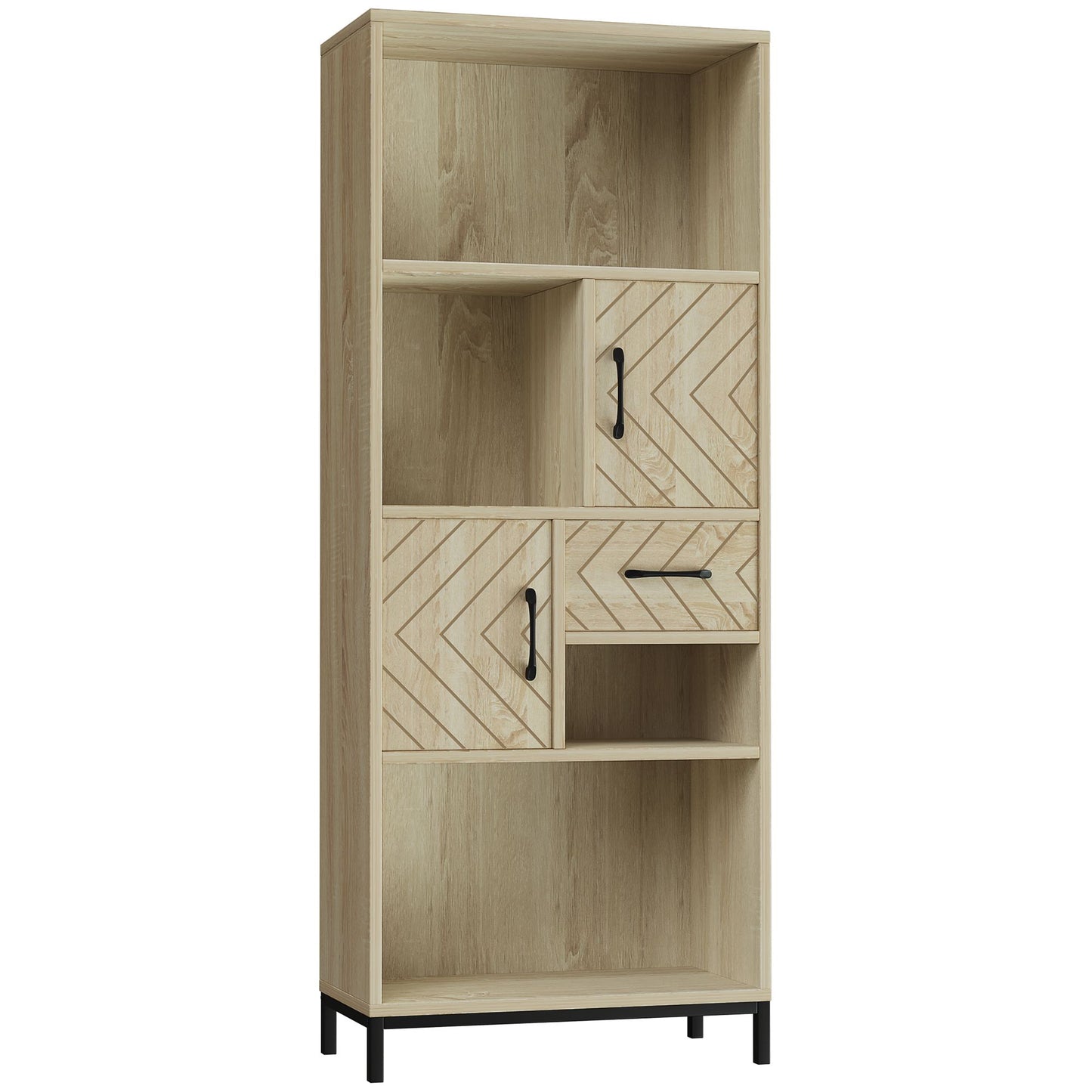 59" Bookcase, Storage Bookshelf with Cabinets, Drawer and Open Compartments, Freestanding Display Shelves for Home Office, Living Room, Study, Nature Wood