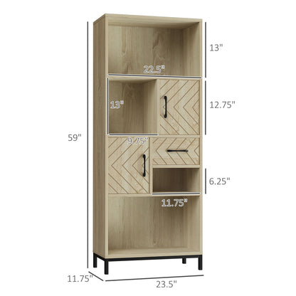 59" Bookcase, Storage Bookshelf with Cabinets, Drawer and Open Compartments, Freestanding Display Shelves for Home Office, Living Room, Study, Nature Wood
