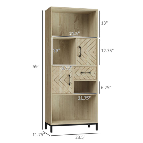 59" Bookcase, Storage Bookshelf with Cabinets, Drawer and Open Compartments, Freestanding Display Shelves for Home Office, Living Room, Study, Nature Wood
