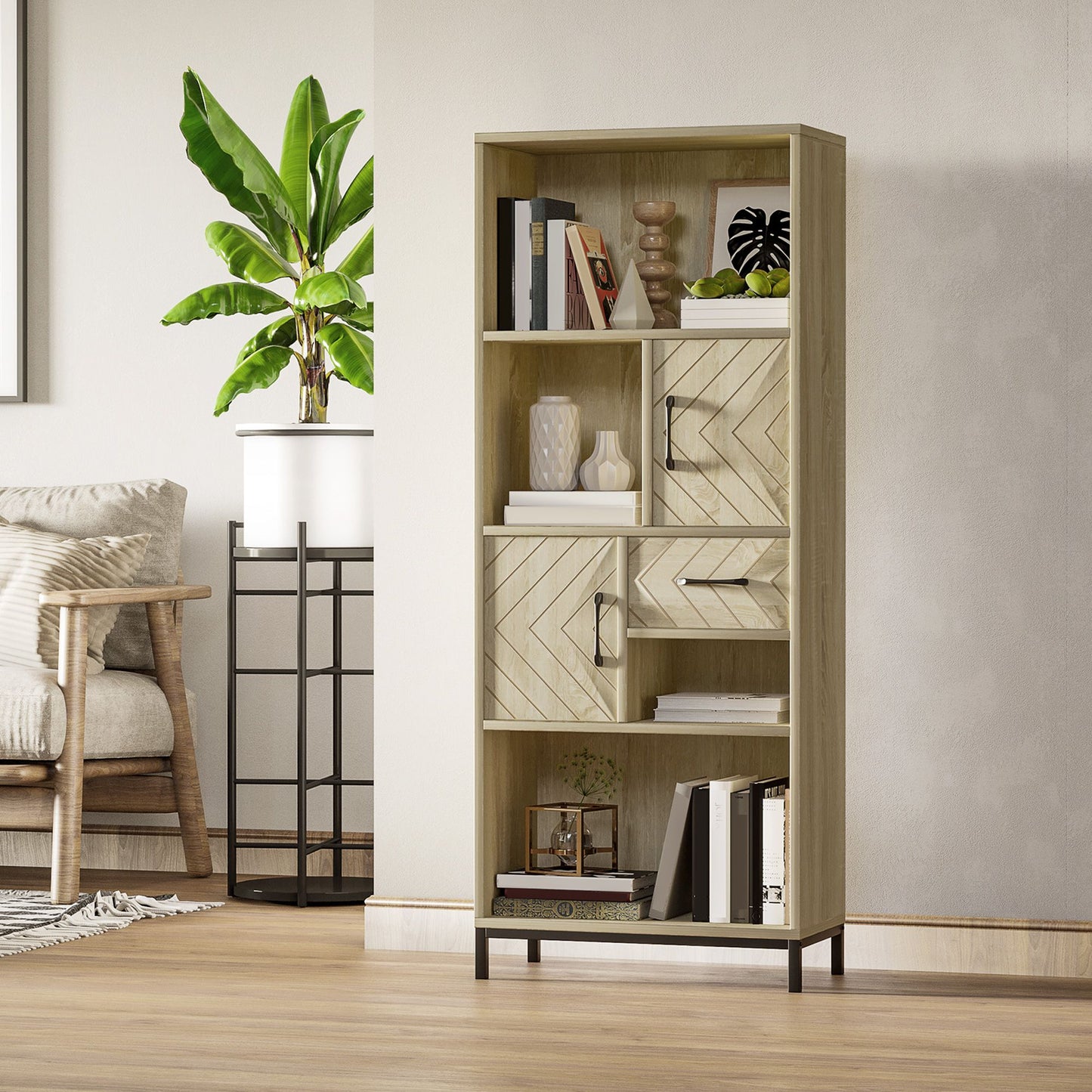 59" Bookcase, Storage Bookshelf with Cabinets, Drawer and Open Compartments, Freestanding Display Shelves for Home Office, Living Room, Study, Nature Wood