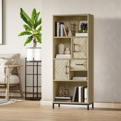 59" Bookcase, Storage Bookshelf with Cabinets, Drawer and Open Compartments, Freestanding Display Shelves for Home Office, Living Room, Study, Nature Wood