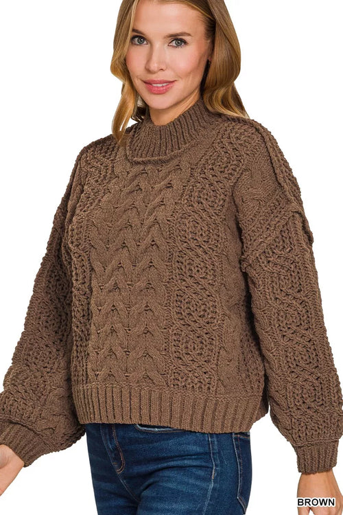 Zenana Cable-Knit Ribbed Turtleneck Sweater