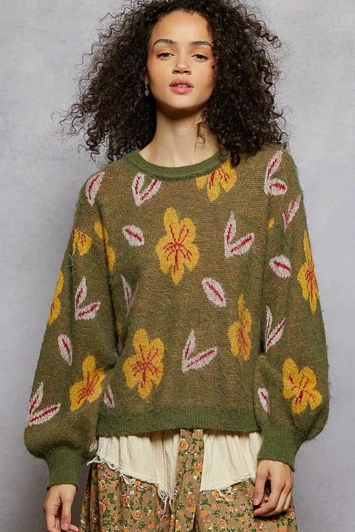 POL Floral Pattern Round Neck Balloon Sleeve Sweater