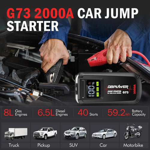 DBPOWER Jump Starter 2000A Peak Portable Car Jump Starter for Up to 8.0L Gas and 6.5L Diesel Engines, 12V Lithium Battery Booster Pack with 2.5" LCD Display, Smart Jumper Cables and LED Light - 7DAY'S