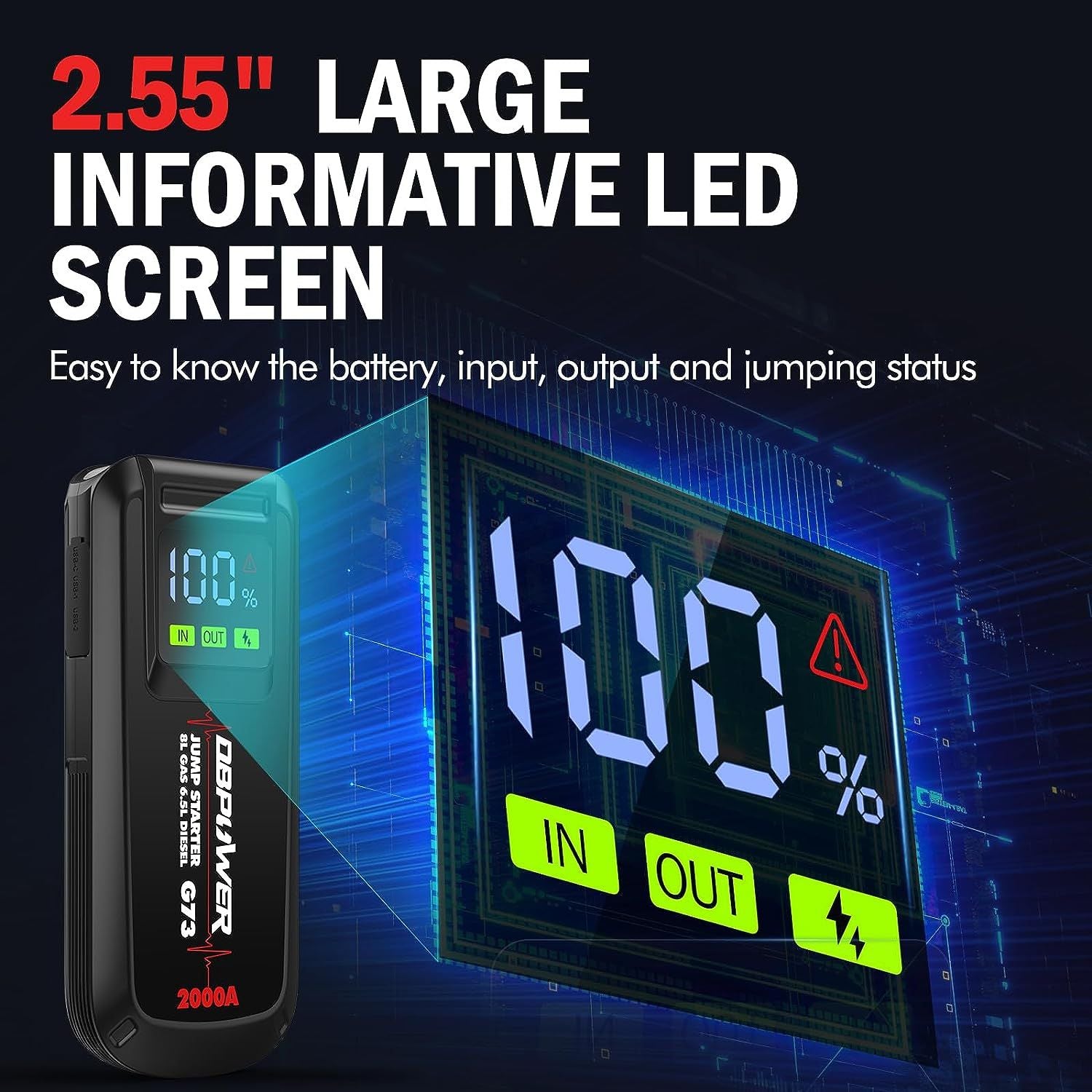 DBPOWER Jump Starter 2000A Peak Portable Car Jump Starter for Up to 8.0L Gas and 6.5L Diesel Engines, 12V Lithium Battery Booster Pack with 2.5" LCD Display, Smart Jumper Cables and LED Light - 7DAY'S