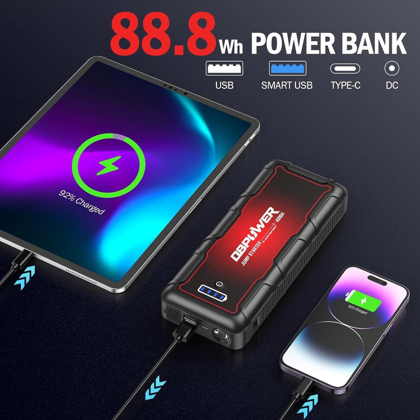 DBPOWER Jump Starter 4000A Peak 88.8Wh Portable Car Jump Starter (Up to ALL Gas/10L Diesel Engine) 12V Auto Battery Booster Pack with Smart Clamp Cables, Quick Charger, LED Light Jump Box - 7DAY'S