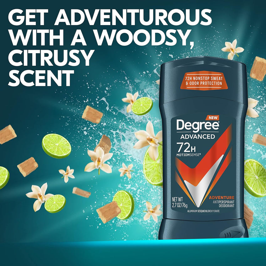 Degree Men Antiperspirant Deodorant Adventure Freshness and Odor Protection Deodorant for Men 2.7 Oz, (Pack of 4) Woodsy, Stick - 7DAY'S