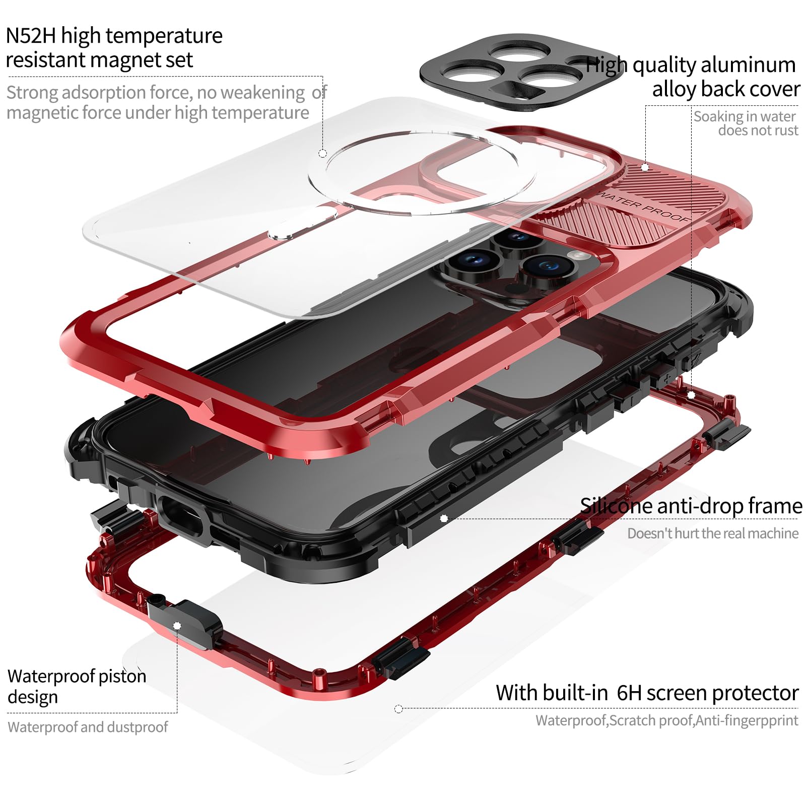 Designed for iPhone 15 Pro Max Metal Waterproof Case with Built - in Screen Protector, Metal Tough Cover Shockproof Dustproof Sturdy Durable Protective Case for iPhone 15 Pro Max - 7DAY'S