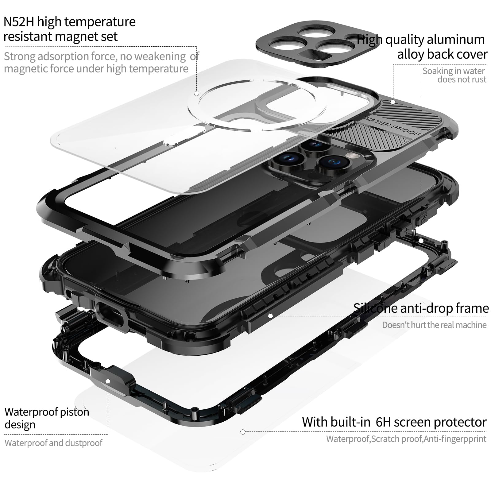 Designed for iPhone 15 Pro Max Metal Waterproof Case with Built - in Screen Protector, Metal Tough Cover Shockproof Dustproof Sturdy Durable Protective Case for iPhone 15 Pro Max - 7DAY'S