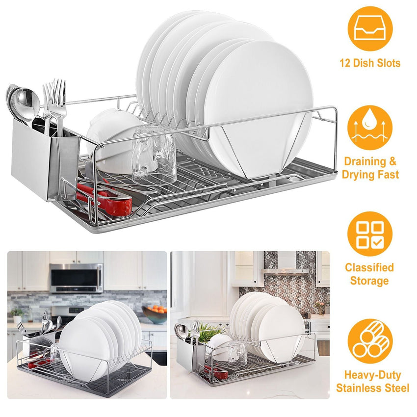 Dish Drying Rack Stainless Steel Dish Rack w/ Drainboard Cutlery Holder Kitchen Dish Organizer - 7DAY'S