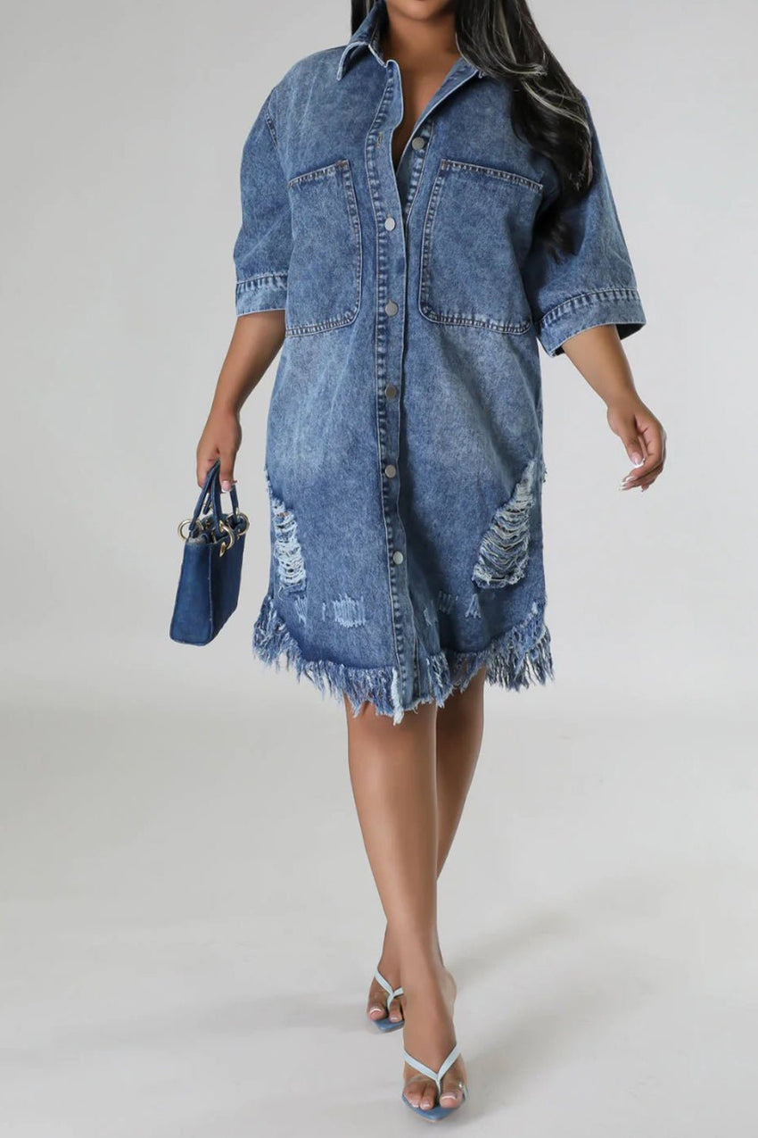 Distressed Raw Hem Button Up Denim Dress - 7DAY'S