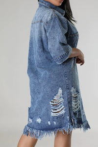 Distressed Raw Hem Button Up Denim Dress - 7DAY'S