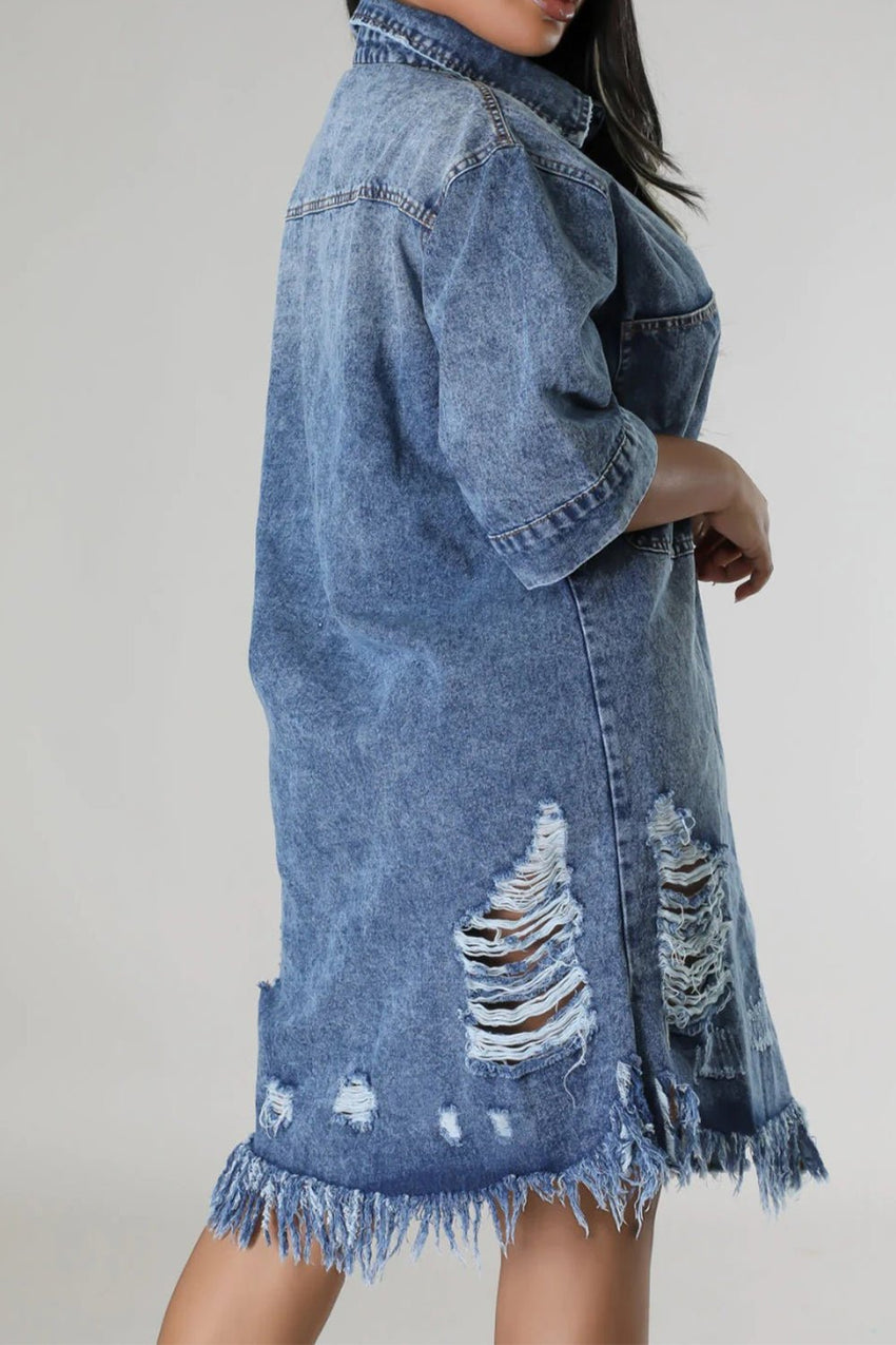 Distressed Raw Hem Button Up Denim Dress - 7DAY'S