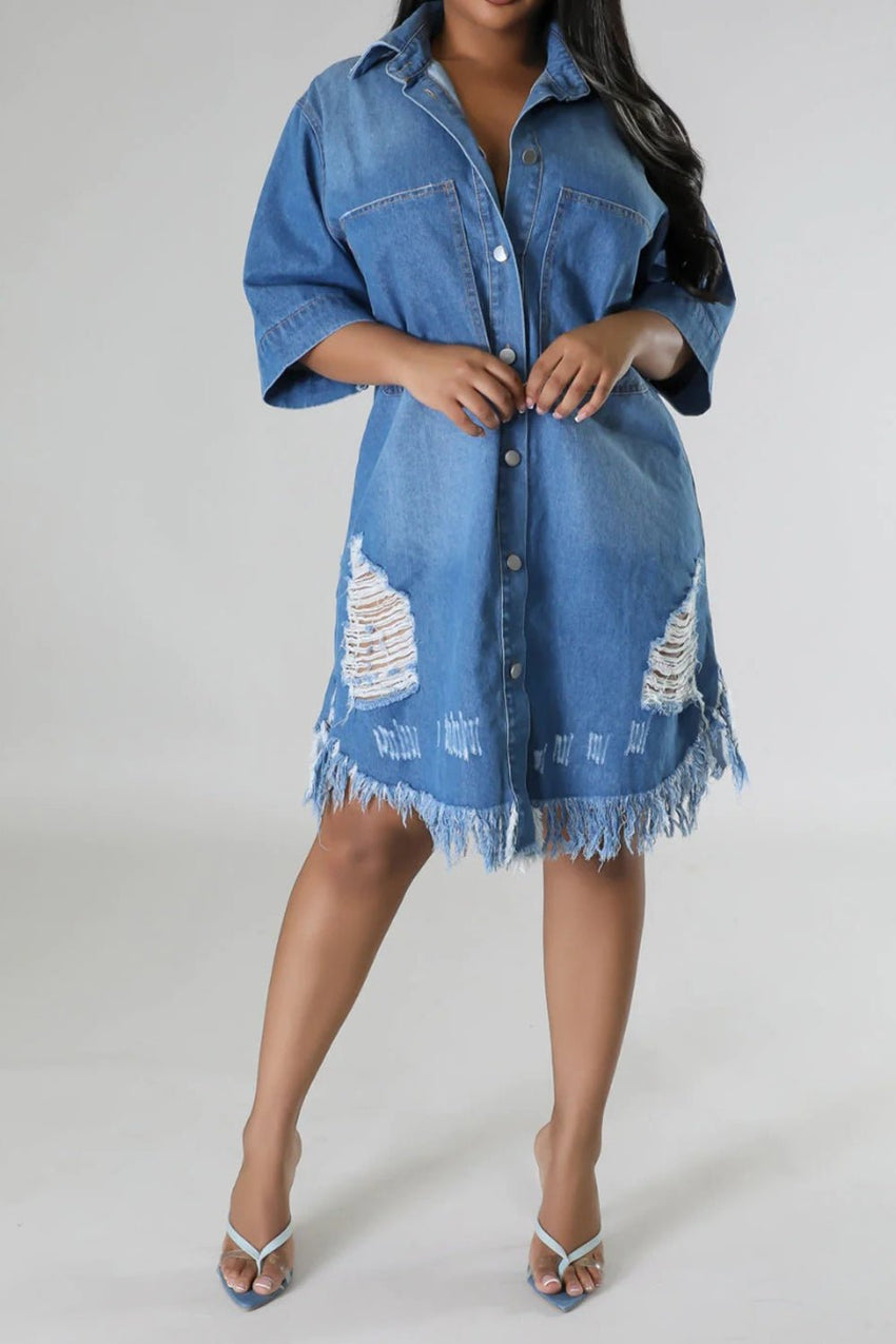 Distressed Raw Hem Button Up Denim Dress - 7DAY'S