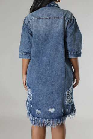 Distressed Raw Hem Button Up Denim Dress - 7DAY'S