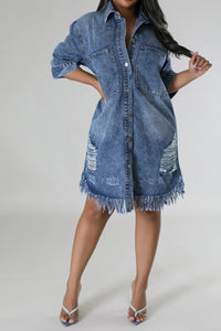 Distressed Raw Hem Button Up Denim Dress - 7DAY'S