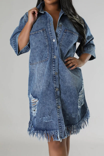 Distressed Raw Hem Button Up Denim Dress - 7DAY'S