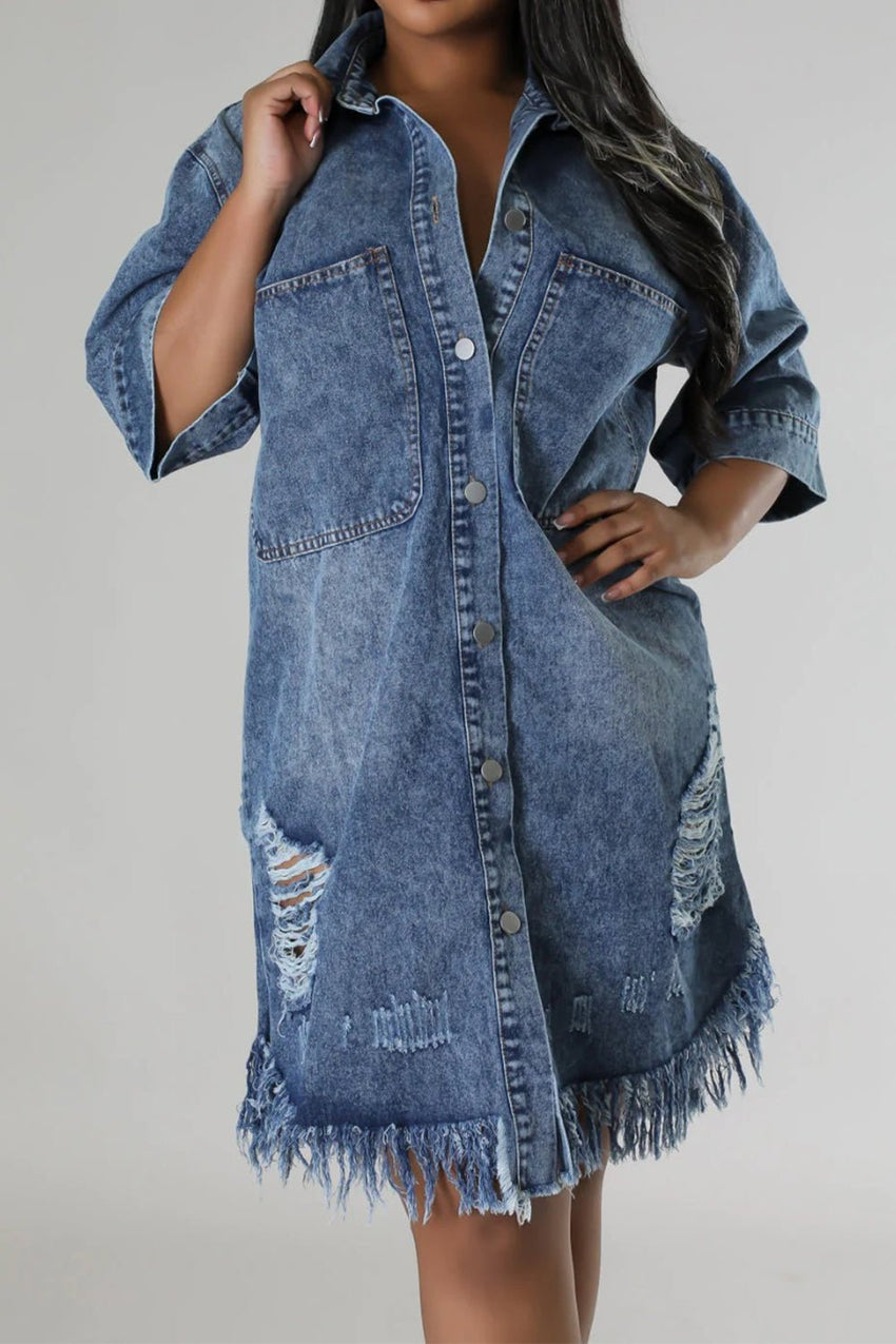 Distressed Raw Hem Button Up Denim Dress - 7DAY'S