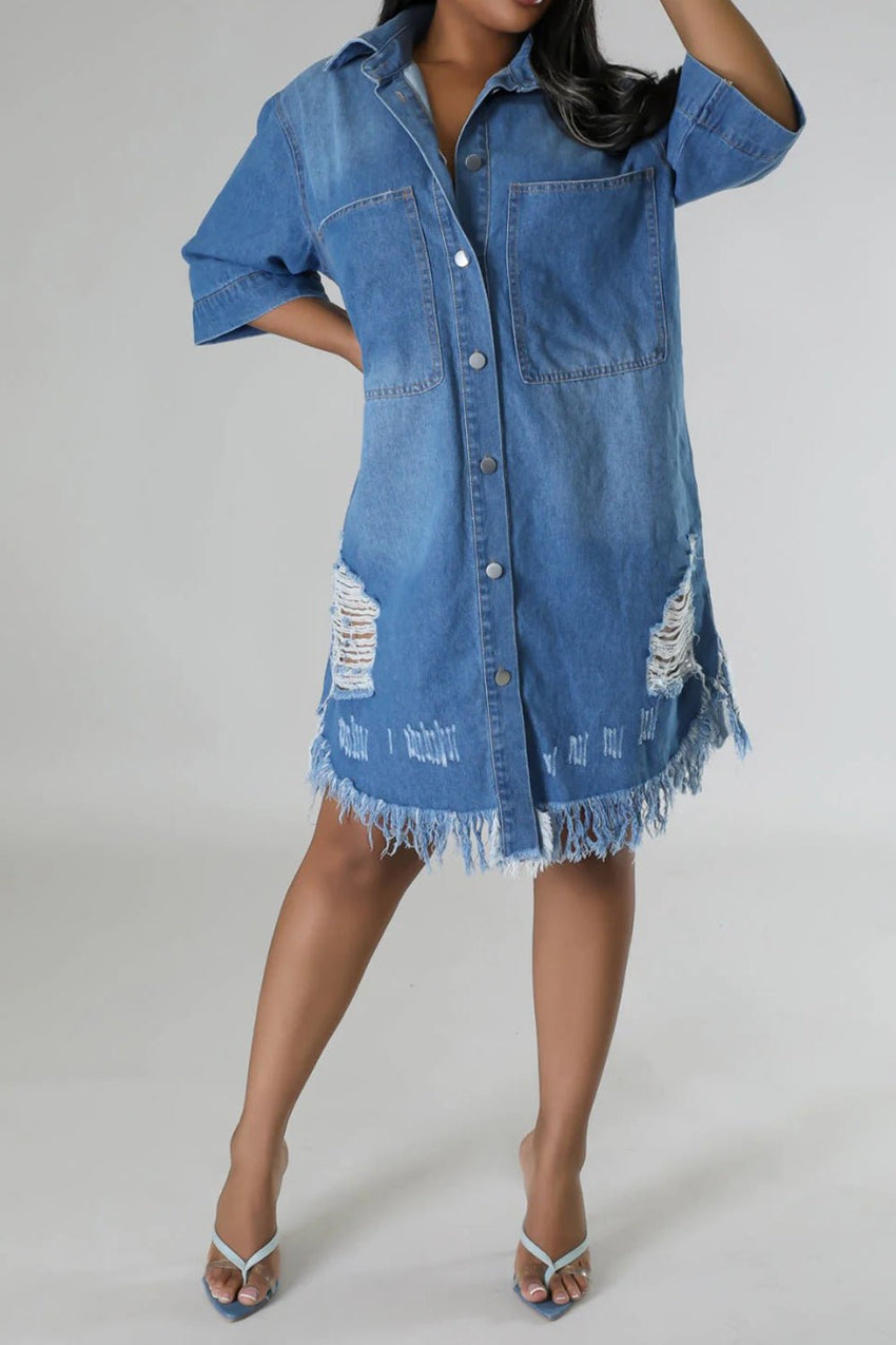 Distressed Raw Hem Button Up Denim Dress - 7DAY'S