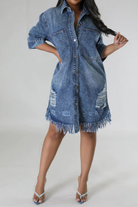 Distressed Raw Hem Button Up Denim Dress - 7DAY'S