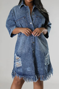 Distressed Raw Hem Button Up Denim Dress - 7DAY'S