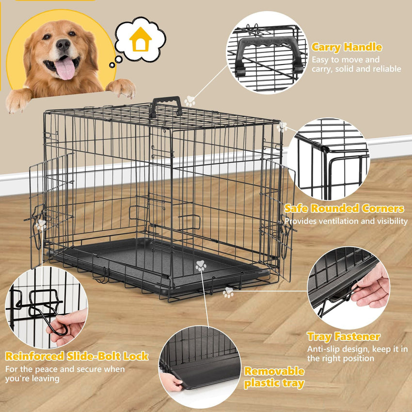 Dog Crate with Divider Panel,30 Inch Double Door Folding Metal Wire Dog Cage with Plastic Leak - Proof Pan Tray, Pet Kennel for Indoor - 7DAY'S