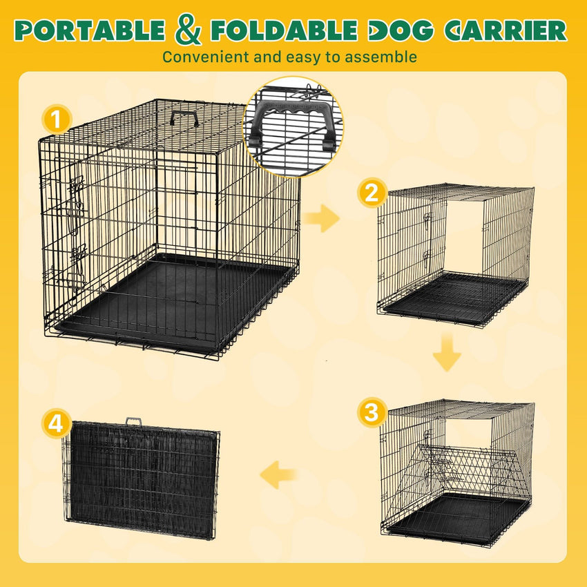 Dog Crate with Divider Panel,30 Inch Double Door Folding Metal Wire Dog Cage with Plastic Leak - Proof Pan Tray, Pet Kennel for Indoor - 7DAY'S