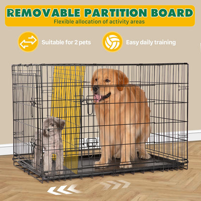 Dog Crate with Divider Panel,30 Inch Double Door Folding Metal Wire Dog Cage with Plastic Leak - Proof Pan Tray, Pet Kennel for Indoor - 7DAY'S