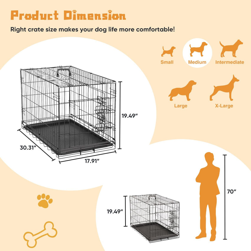 Dog Crate with Divider Panel,30 Inch Double Door Folding Metal Wire Dog Cage with Plastic Leak - Proof Pan Tray, Pet Kennel for Indoor - 7DAY'S