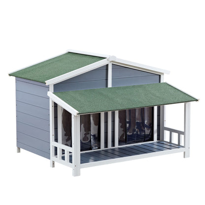 Dog House, Waterproof Dog Cage Kennel, Wooden Outdoor and Indoor Dog House, Raised Pet Kennel for Medium Dogs, Log Cabin Style with Porch,Elevated Floor,Asphalt Roof, 2 Doors - 7DAY'S
