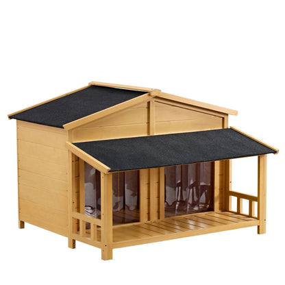 Dog House, Waterproof Dog Cage Kennel, Wooden Outdoor and Indoor Dog House, Raised Pet Kennel for Medium Dogs, Log Cabin Style with Porch,Elevated Floor,Asphalt Roof, 2 Doors - 7DAY'S