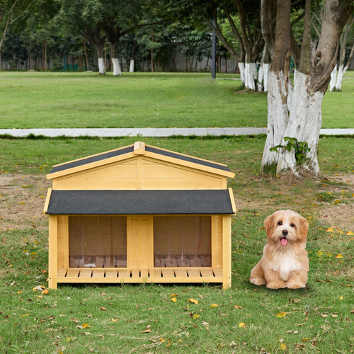 Dog House, Waterproof Dog Cage Kennel, Wooden Outdoor and Indoor Dog House, Raised Pet Kennel for Medium Dogs, Log Cabin Style with Porch,Elevated Floor,Asphalt Roof, 2 Doors - 7DAY'S